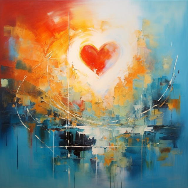 An abstract painting with a heart in the middle.